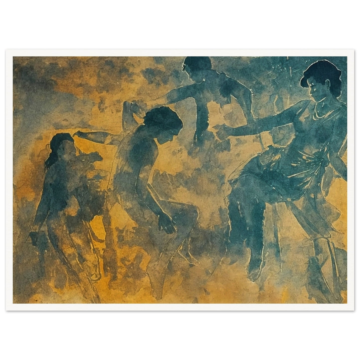 A serene artwork featuring ethereal figures in motion, rendered in soft hues of blue and gold. The dancers appear to be gracefully interacting with one another, evoking a sense of harmony and fluidity.