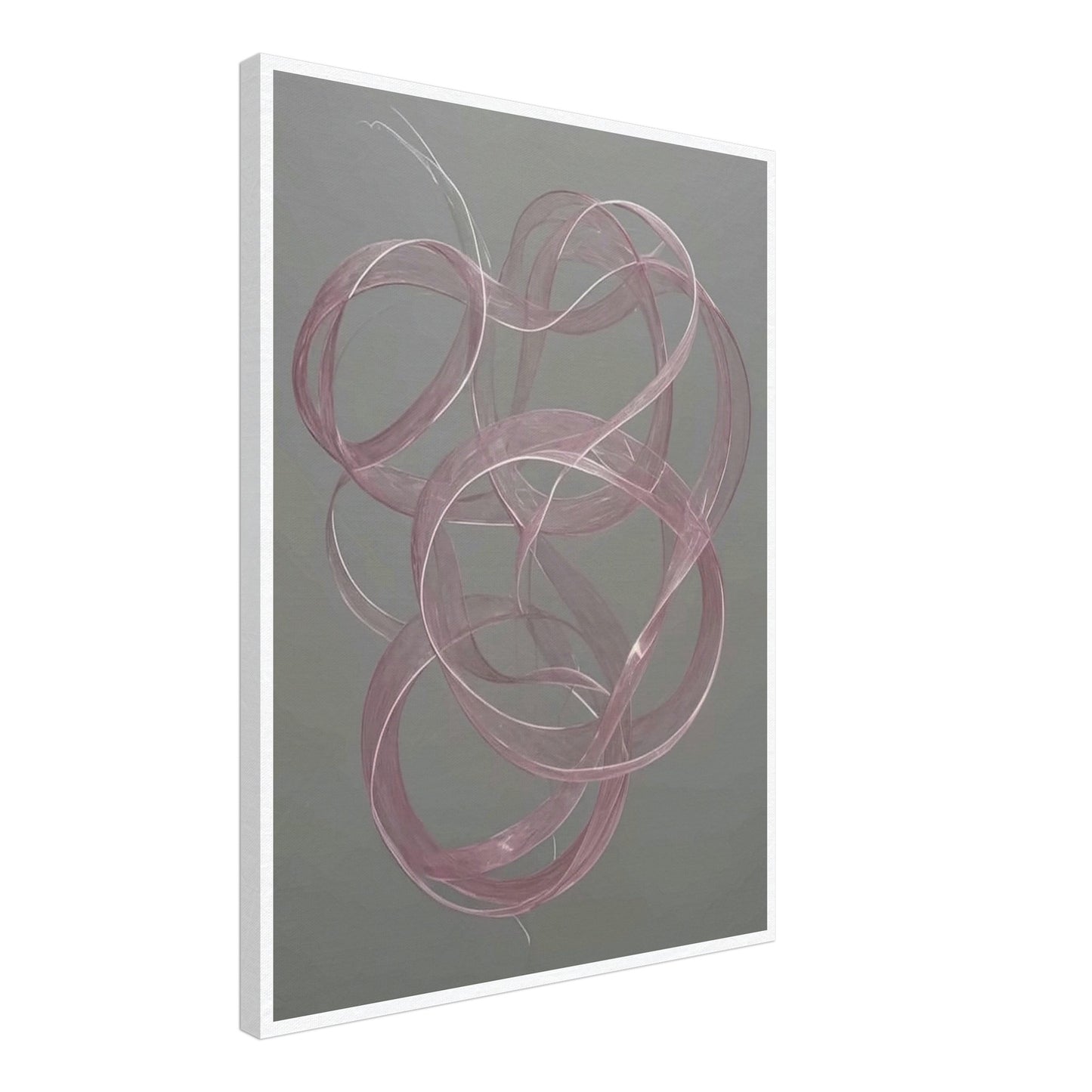 Delicate pink loops float gracefully against a muted gray background, creating a sense of movement and elegance in a tranquil space.