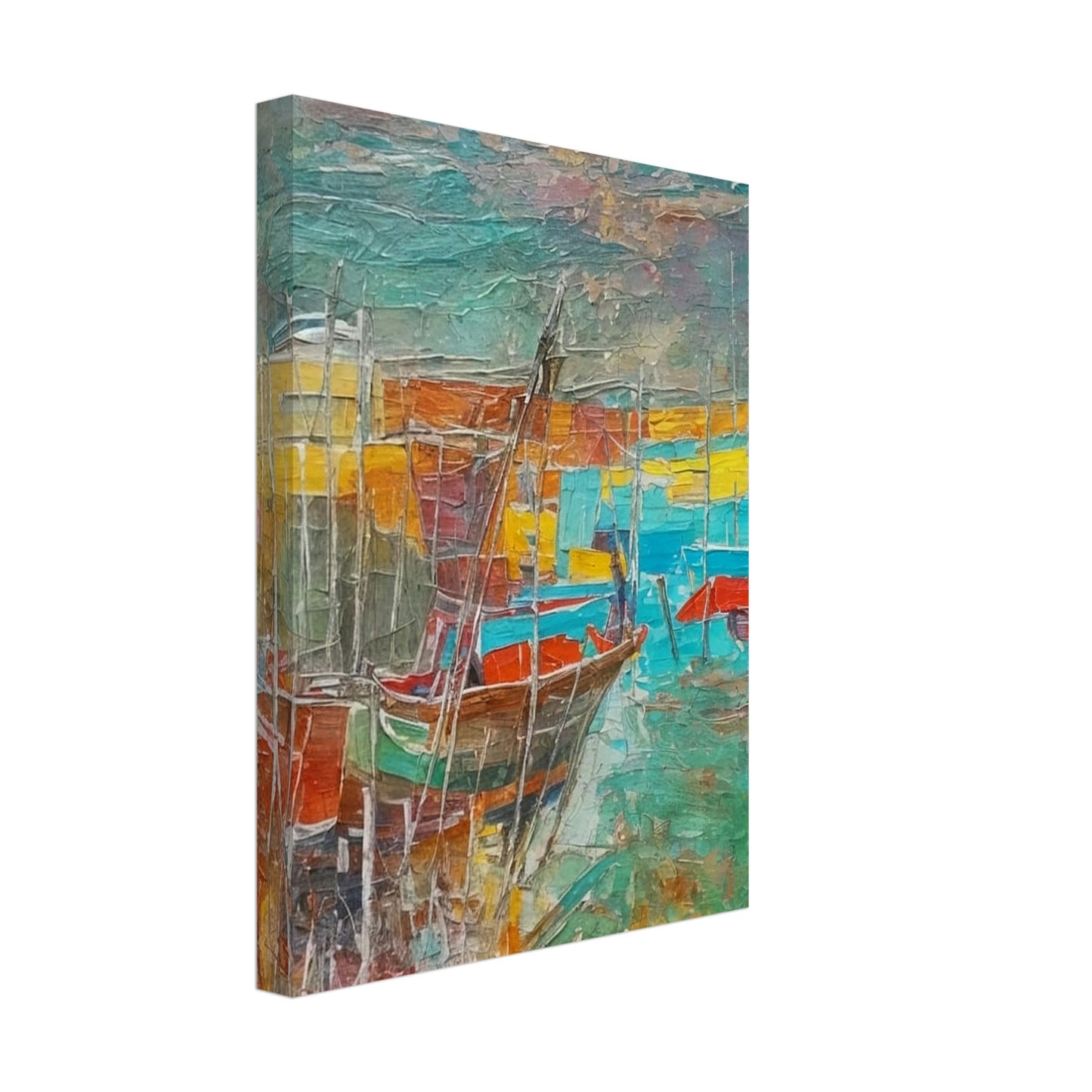 A vibrant, textured painting of boats docked at a harbor, with bold colors of red, blue, and yellow blending into the water and sky, creating a lively and colorful seascape.