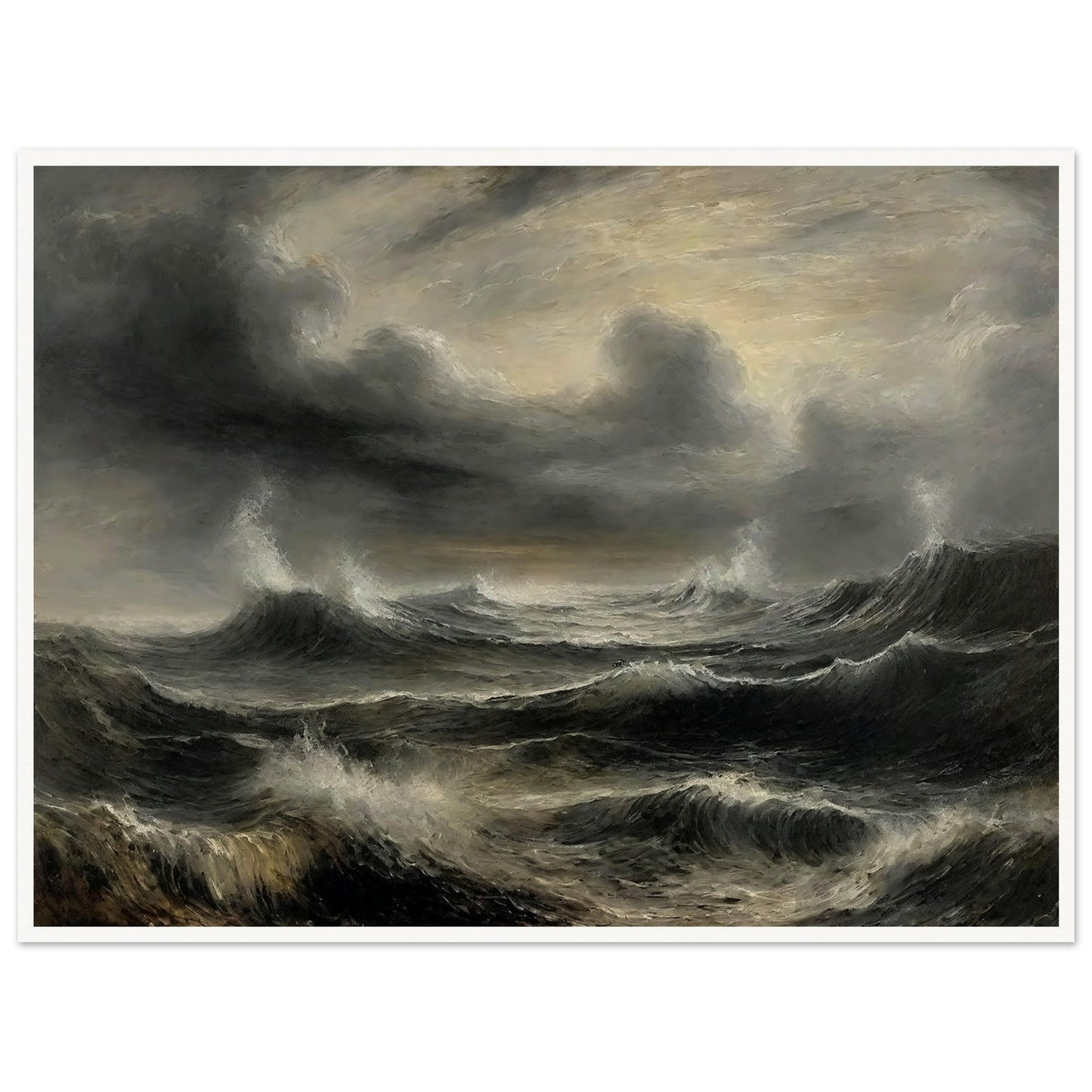 A dramatic painting of a stormy sea with dark, turbulent waves and ominous clouds. The swirling, textured brushstrokes capture the intensity and power of the ocean during a tempest.