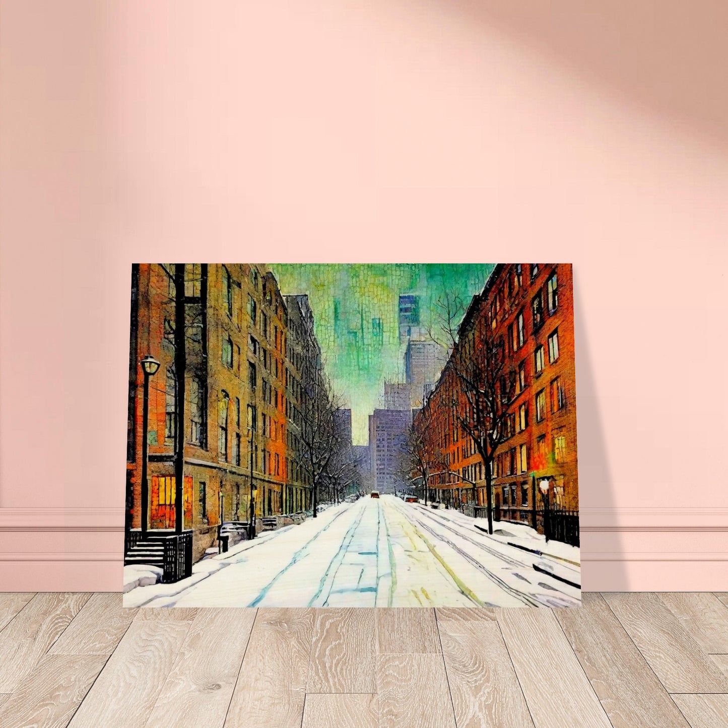 A quiet, snow-covered city street lined with tall buildings on either side, leading to a misty skyline of skyscrapers under a greenish winter sky, evoking peaceful urban solitude.