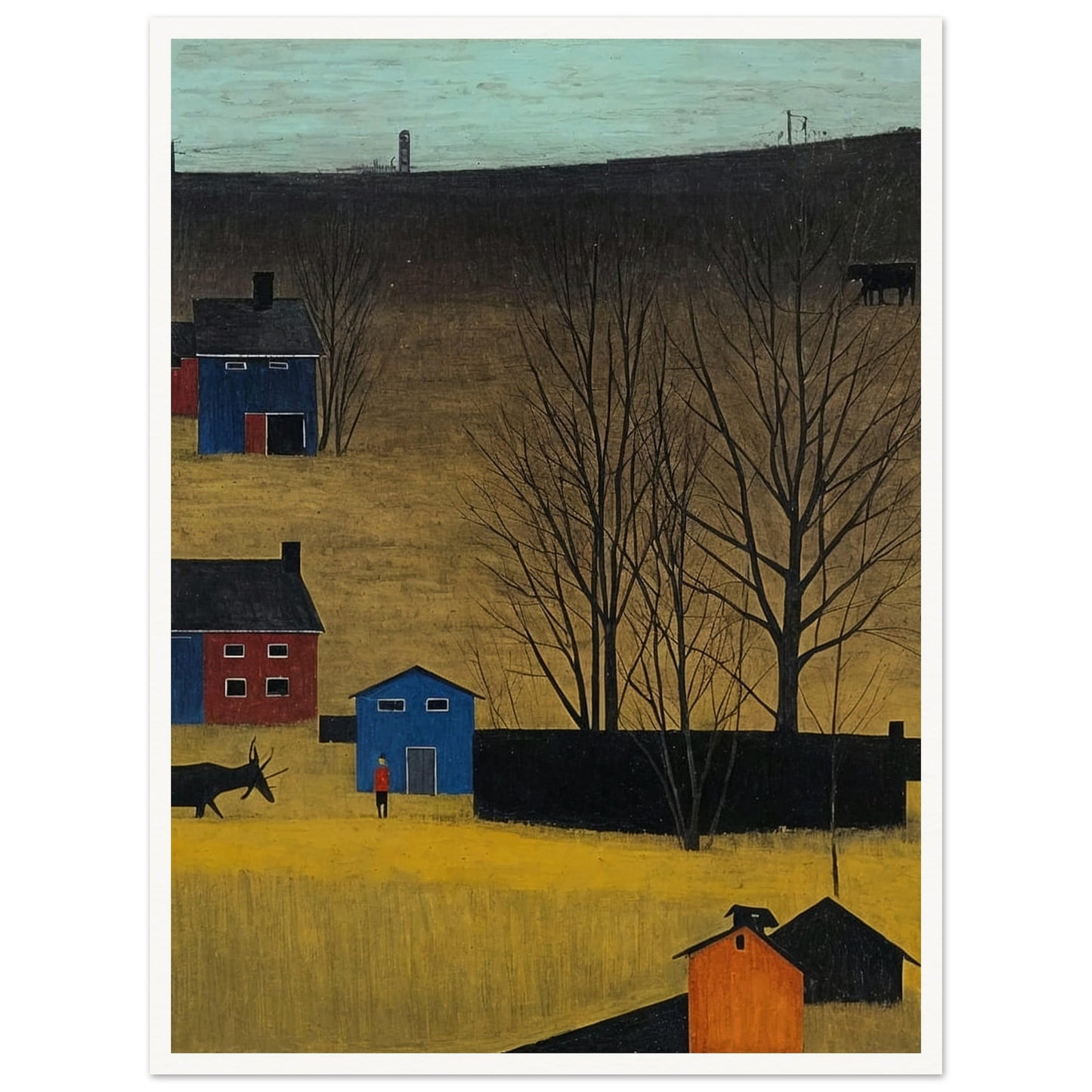 A peaceful rural landscape with houses, trees, and a donkey under a clear sky in autumn.