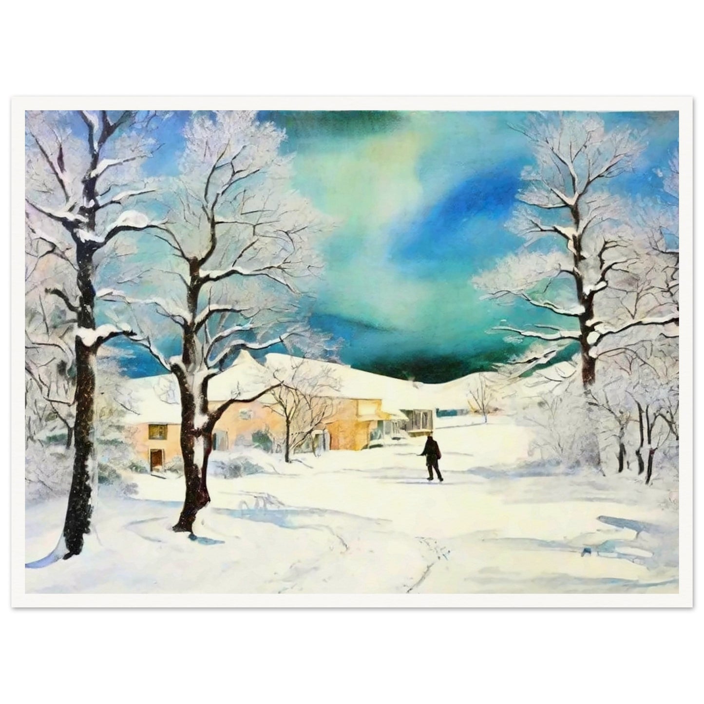 A serene winter landscape featuring snow-covered trees, a lone figure walking through the snow, and warm houses nestled under a stunning blue-green sky.