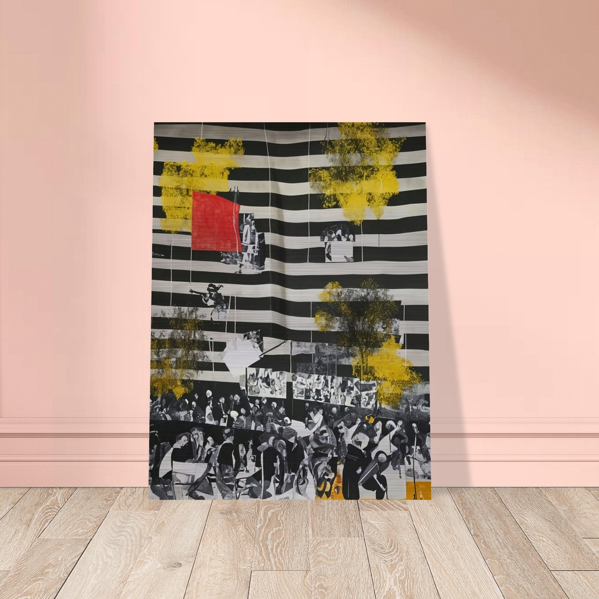 An abstract painting with black and white stripes, overlaid with yellow splashes and historical photographs.