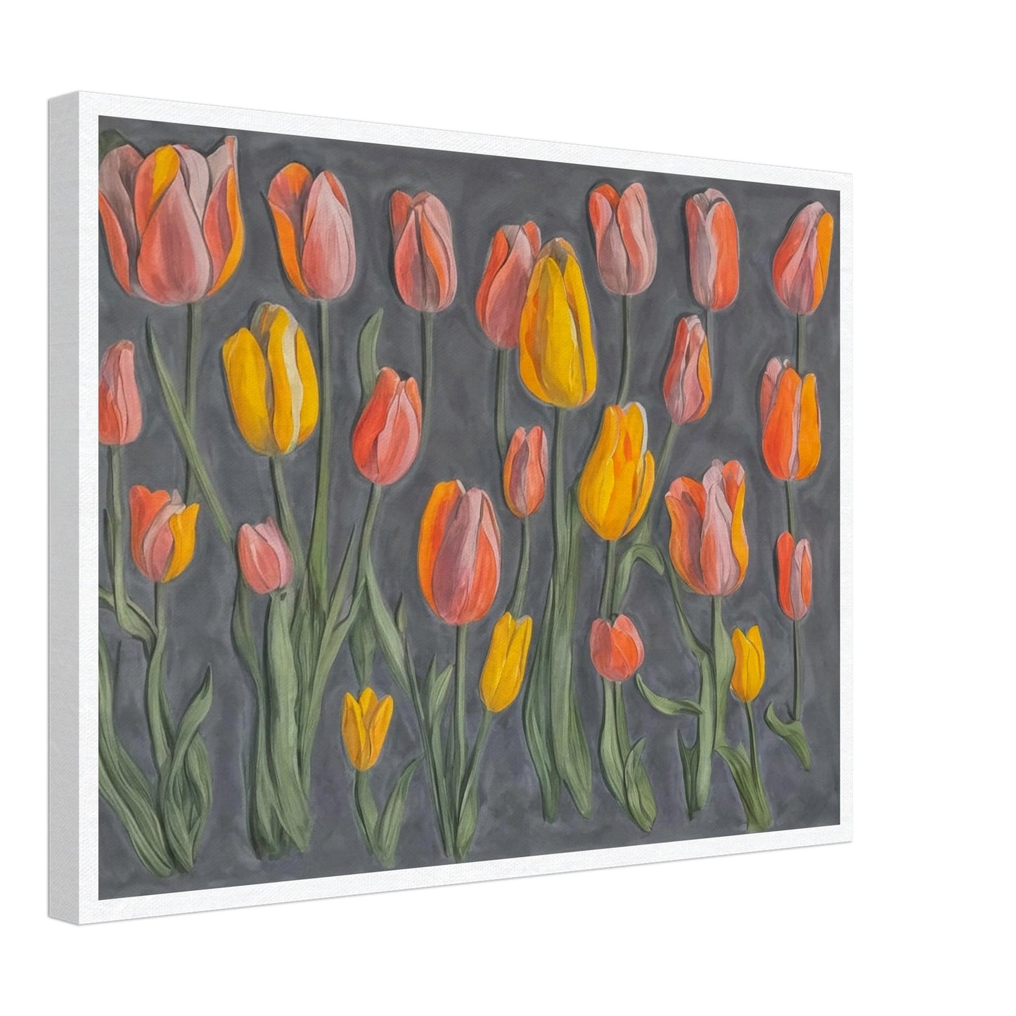 A charming display of orange and yellow tulips standing tall against a muted gray background, showcasing their vibrant colors and graceful stems.