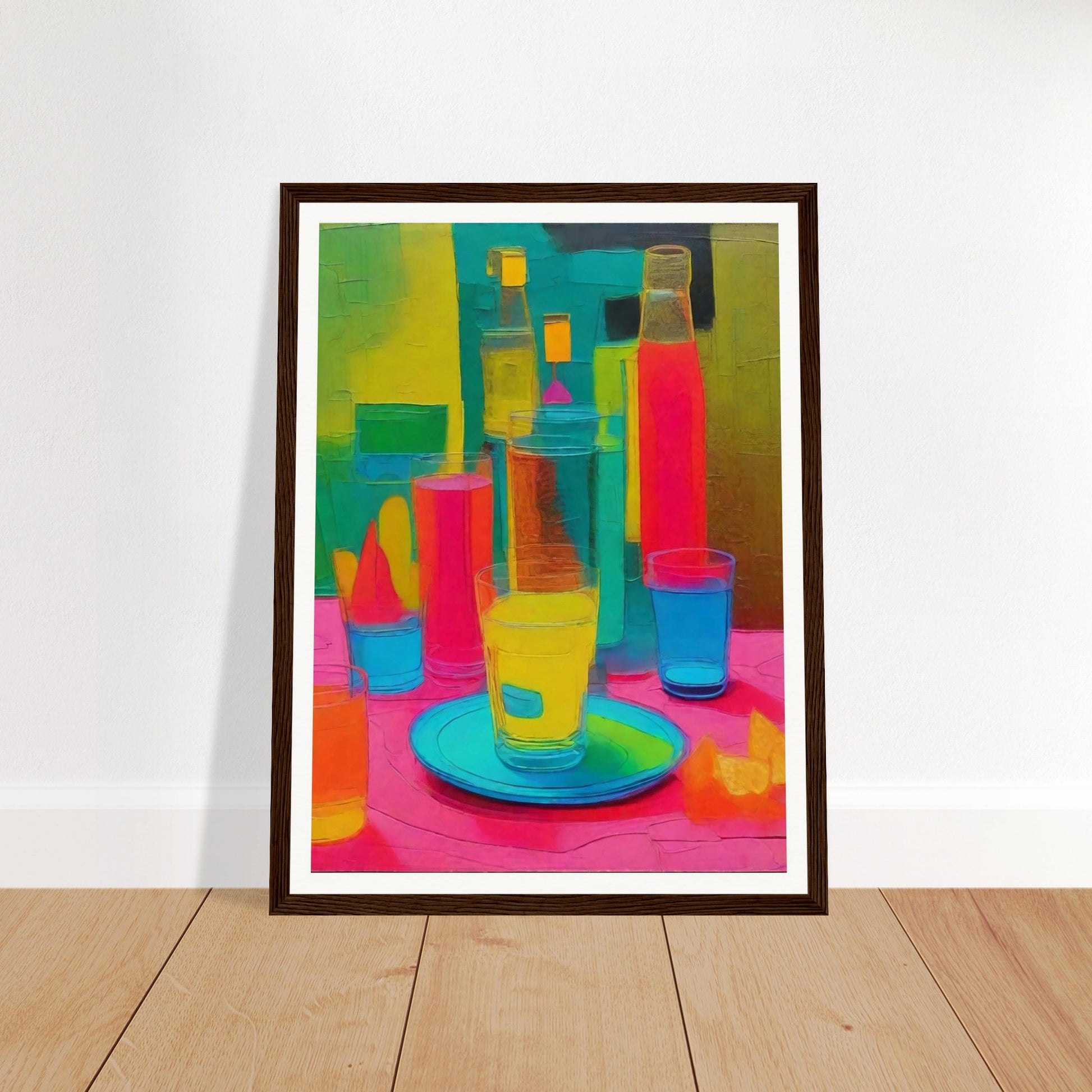 A bold and colorful still life painting with neon hues of pink, yellow, and blue, featuring bottles, glasses, and a plate on a table.