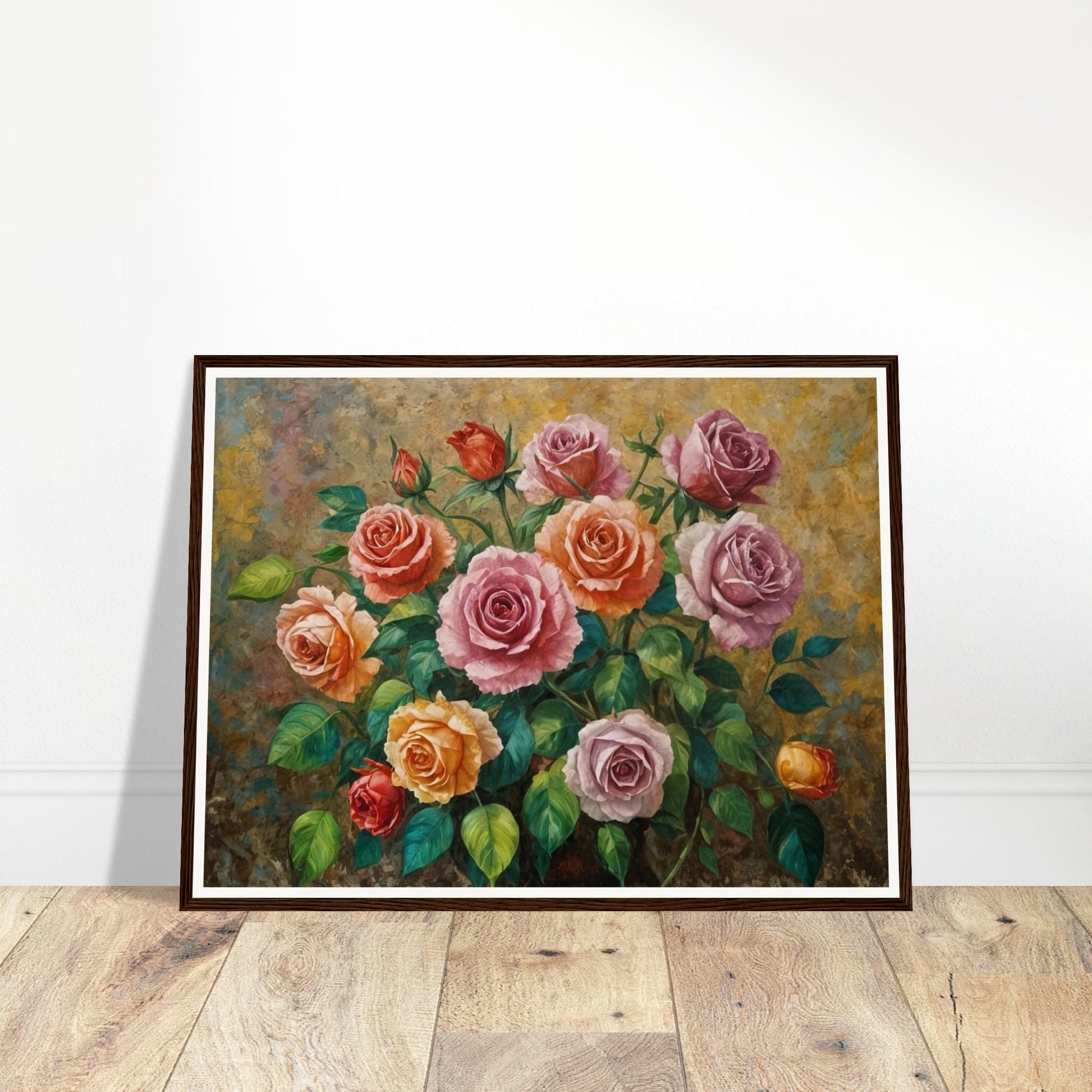 A captivating arrangement of multicolored roses, their petals beautifully layered and surrounded by fresh green foliage.