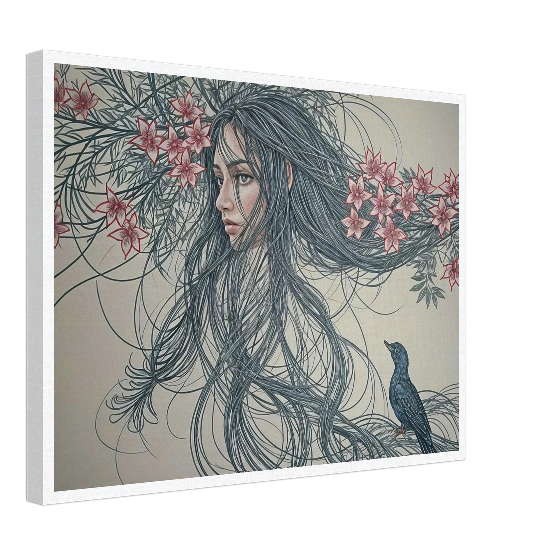 A surreal painting depicting a woman's face intertwined with long flowing hair and flowers, accompanied by a small bird.