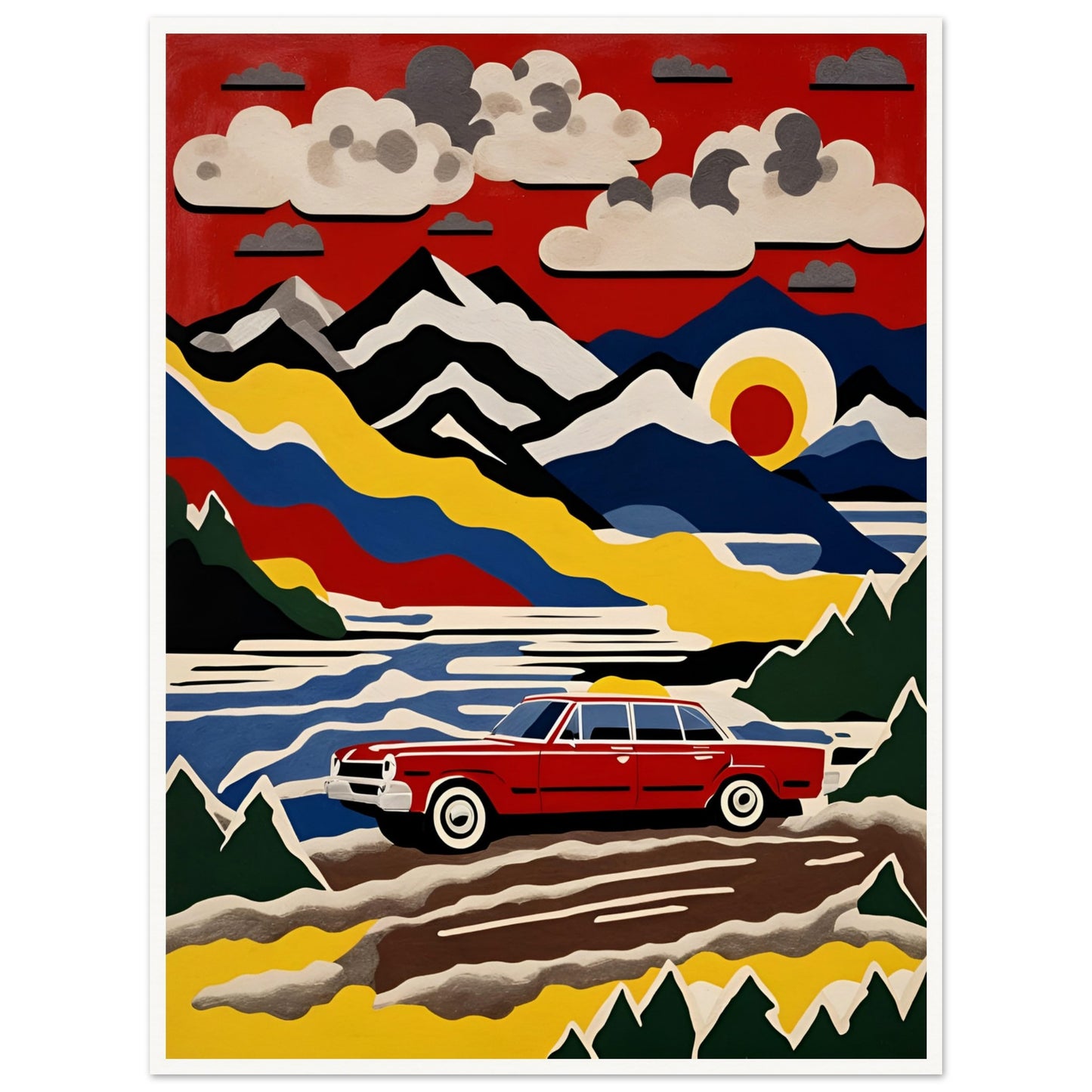 A vibrant, stylized painting of a classic red car driving through a colorful mountain landscape under a bold red sky with clouds and a setting sun.