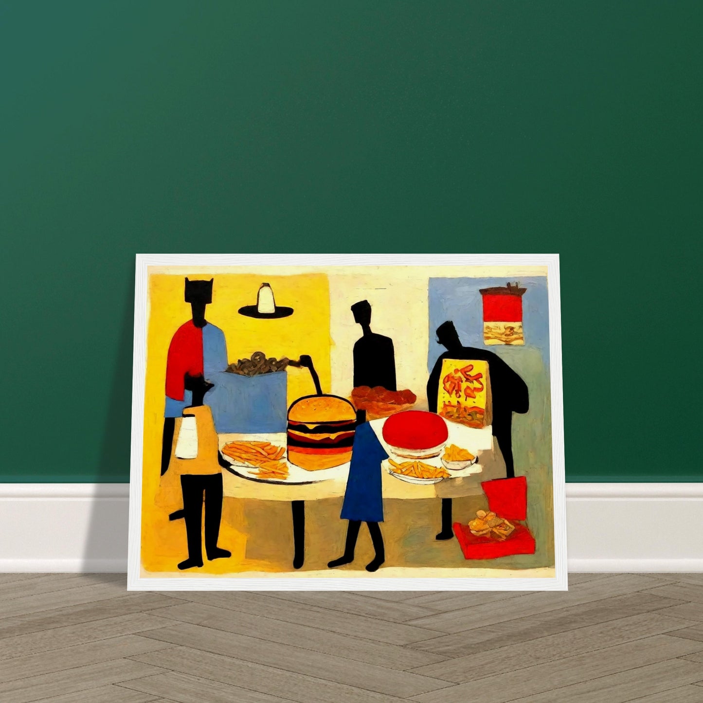 "An abstract painting of figures gathered around a table full of fast food items, including a burger, fries, pizza, and soda."