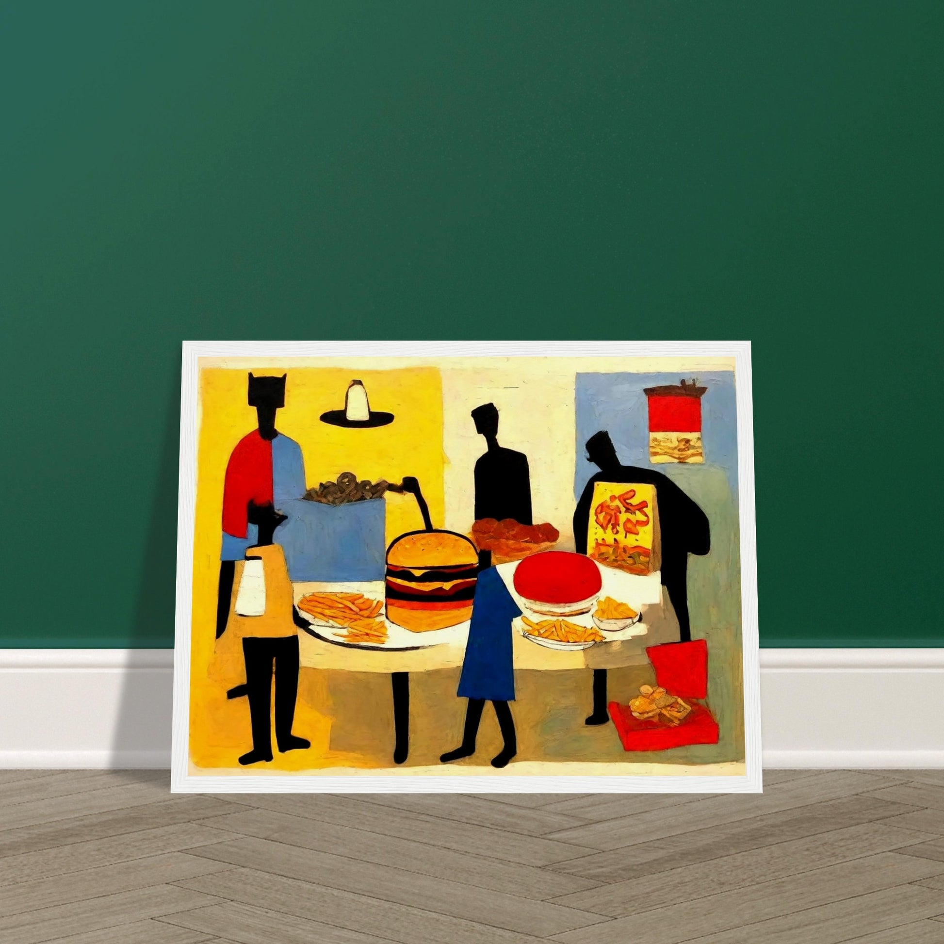 "An abstract painting of figures gathered around a table full of fast food items, including a burger, fries, pizza, and soda."
