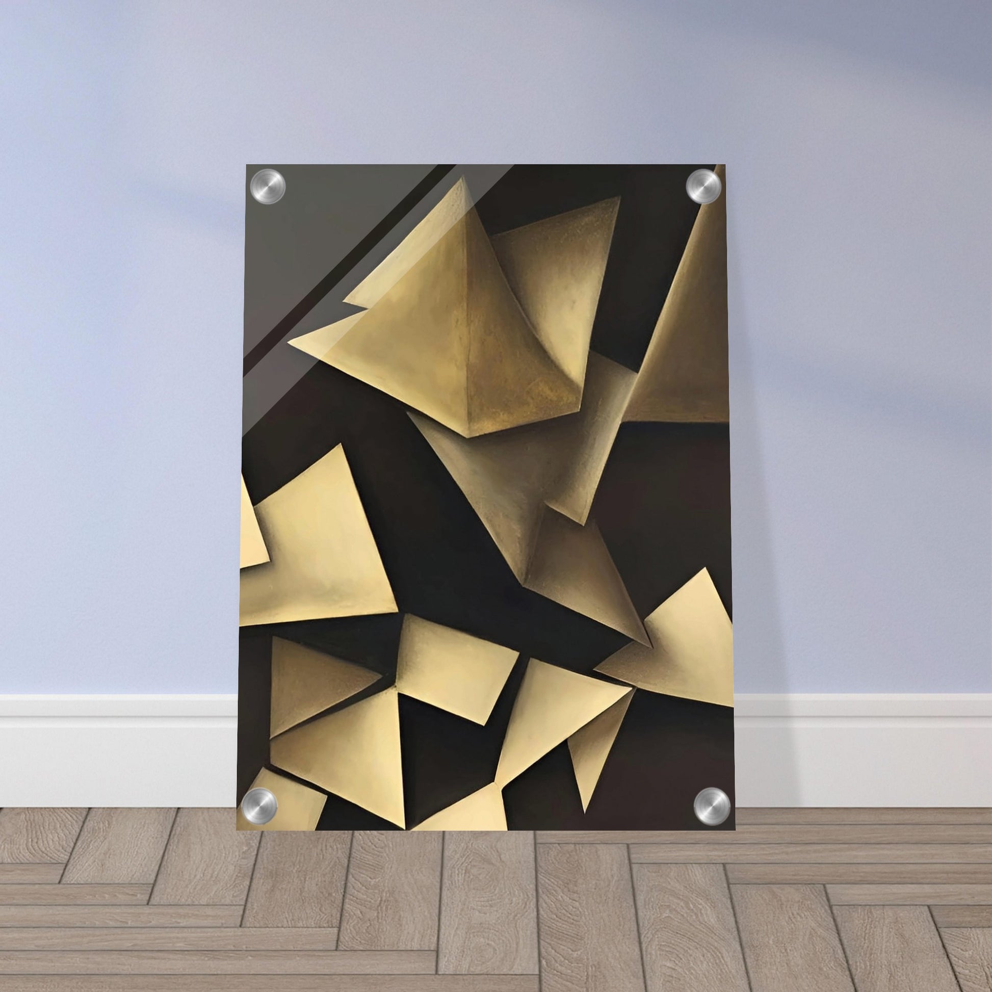 Abstract painting featuring geometric shapes in muted tones, creating a play of light and shadow.