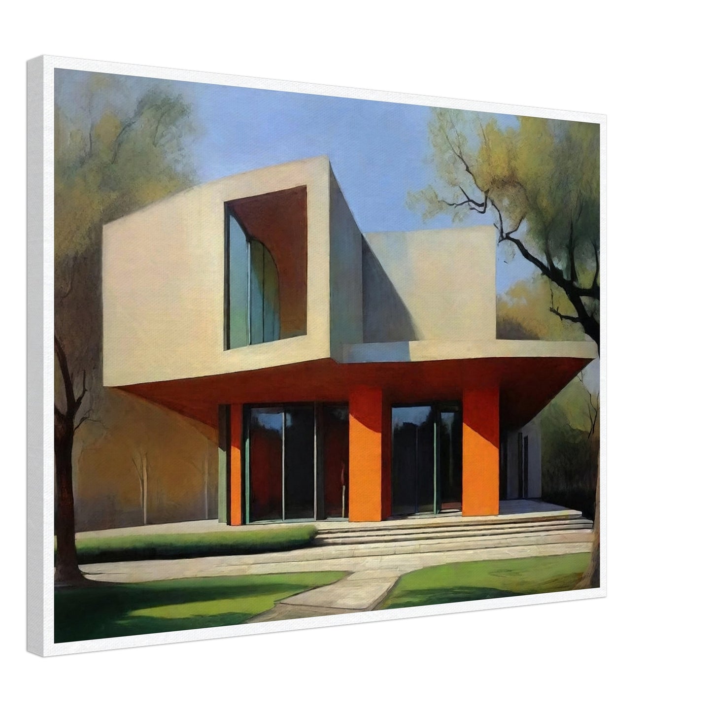 A striking modern architectural building with clean lines and orange accents, bathed in soft sunlight surrounded by trees.