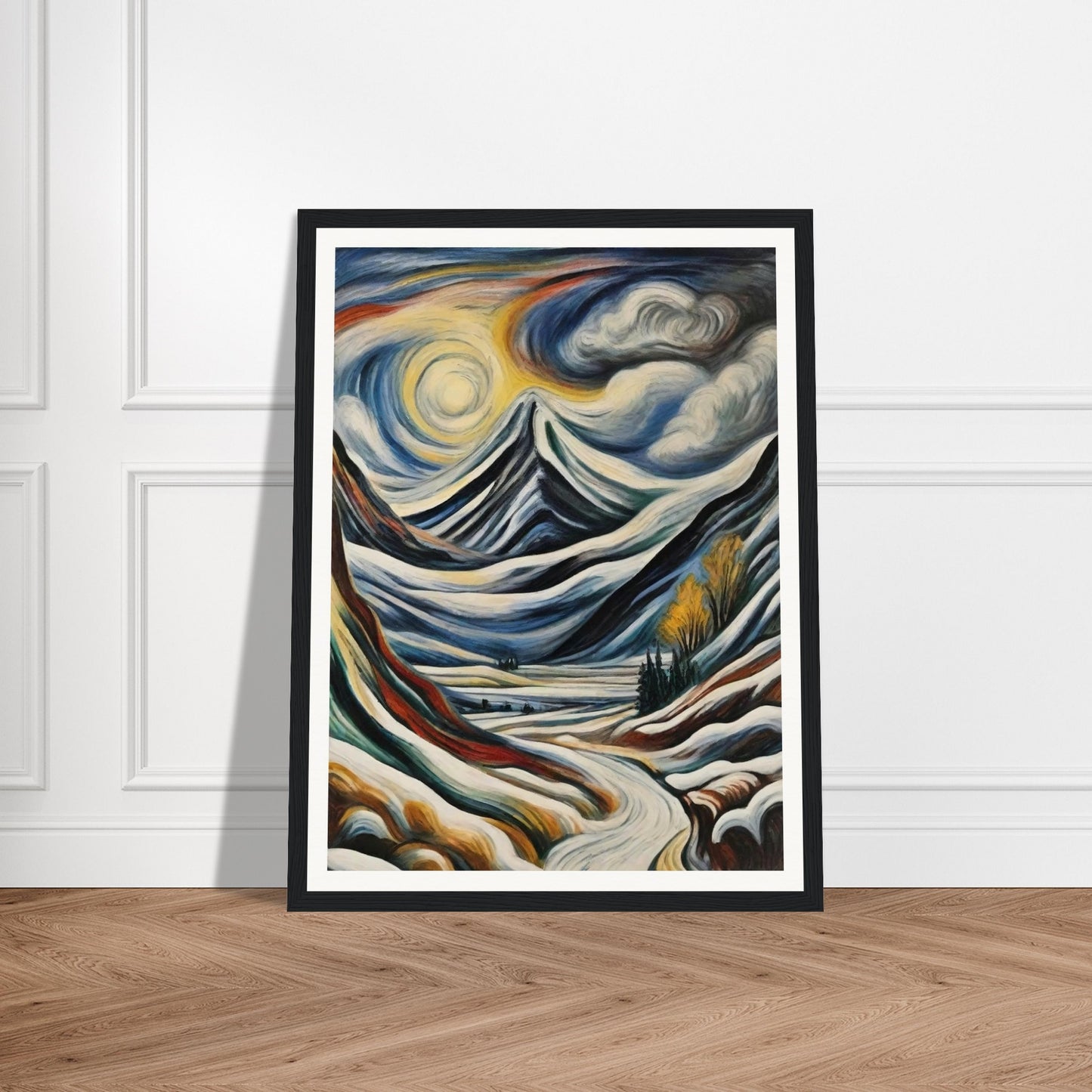 "A stunning depiction of snow-covered mountains beneath swirling clouds and a glowing sun, with a winding path leading into the scene."