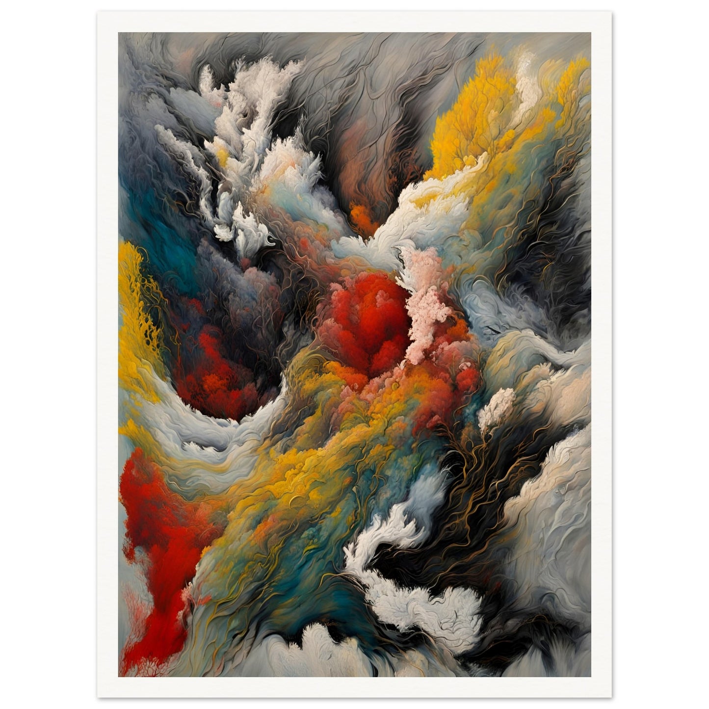 A dramatic painting depicting swirling clouds of smoke, fire, and mist with deep reds, golds, blues, and blacks, evoking a powerful elemental force.