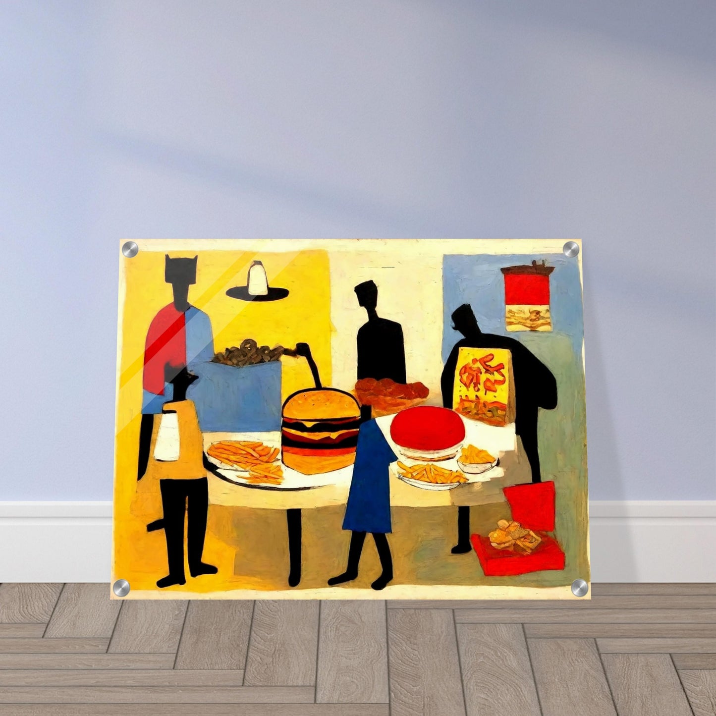 "An abstract painting of figures gathered around a table full of fast food items, including a burger, fries, pizza, and soda."