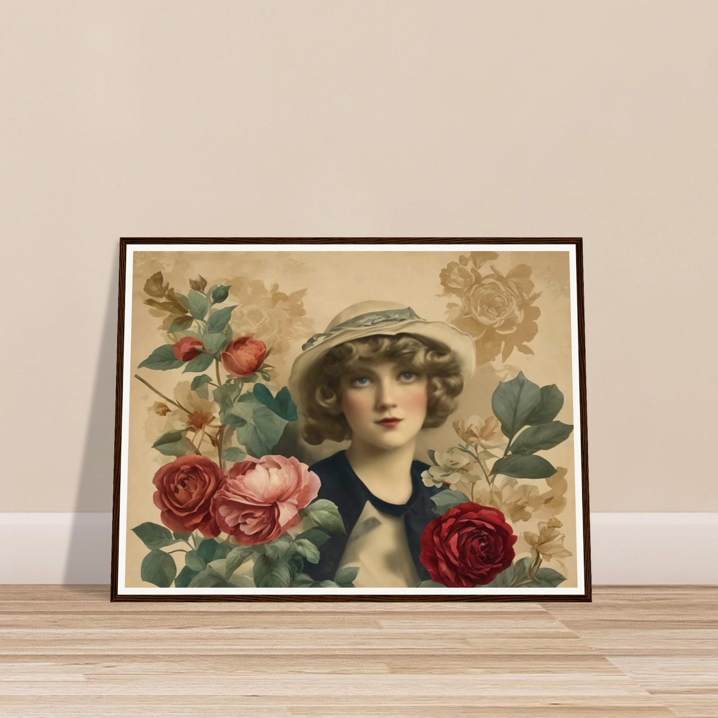 A vintage-style portrait of a woman in a hat, surrounded by blooming roses in soft, muted colors.