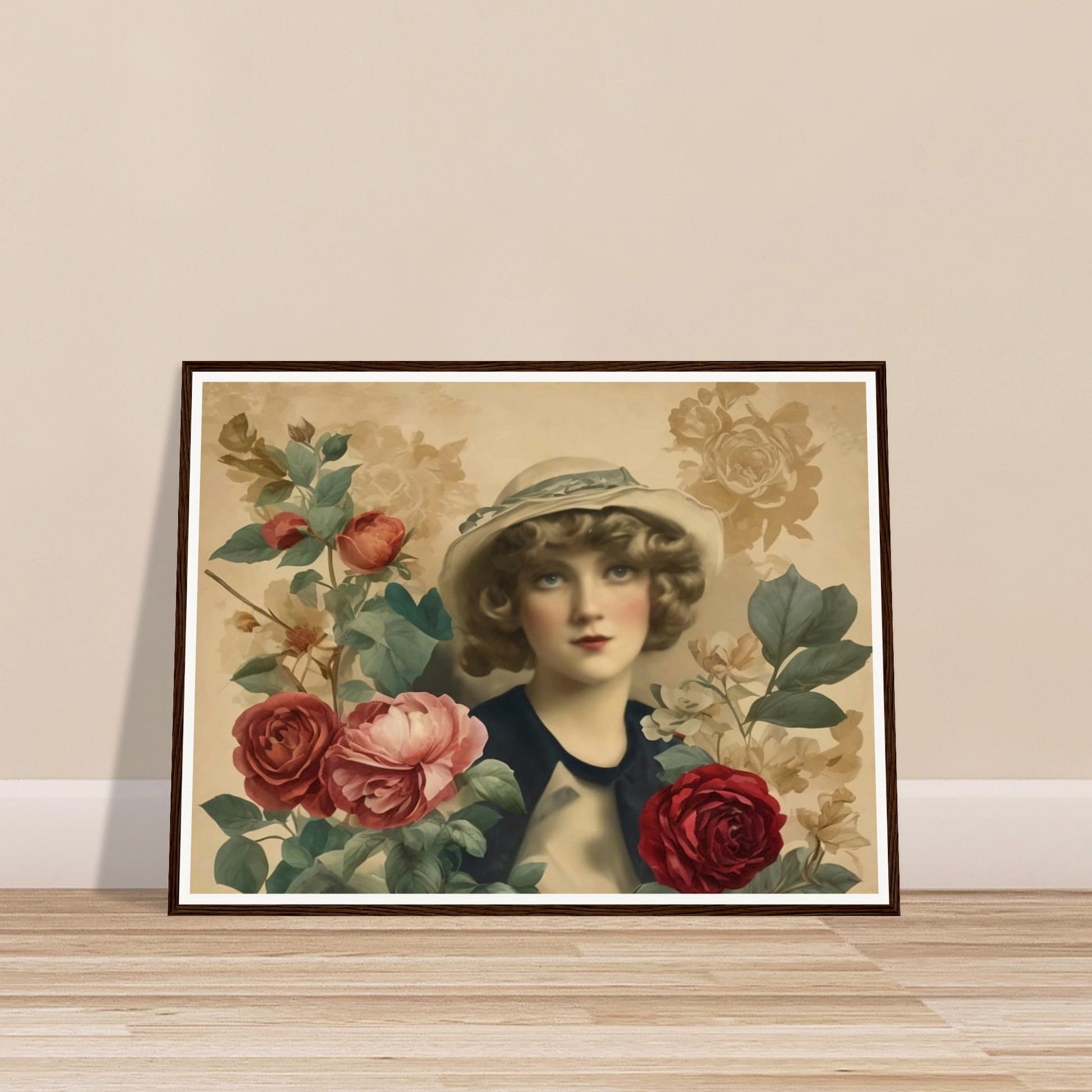 A vintage-style portrait of a woman in a hat, surrounded by blooming roses in soft, muted colors.