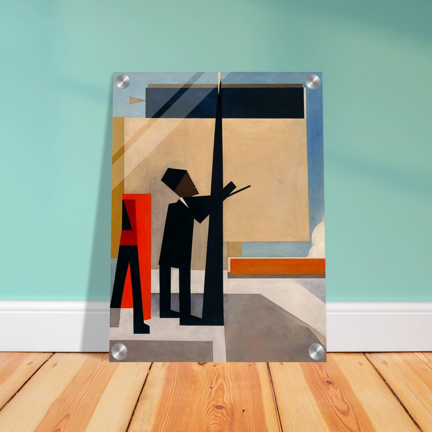A geometric depiction of two figures interacting within an abstract cityscape, characterized by bold shapes and contrasting colors.