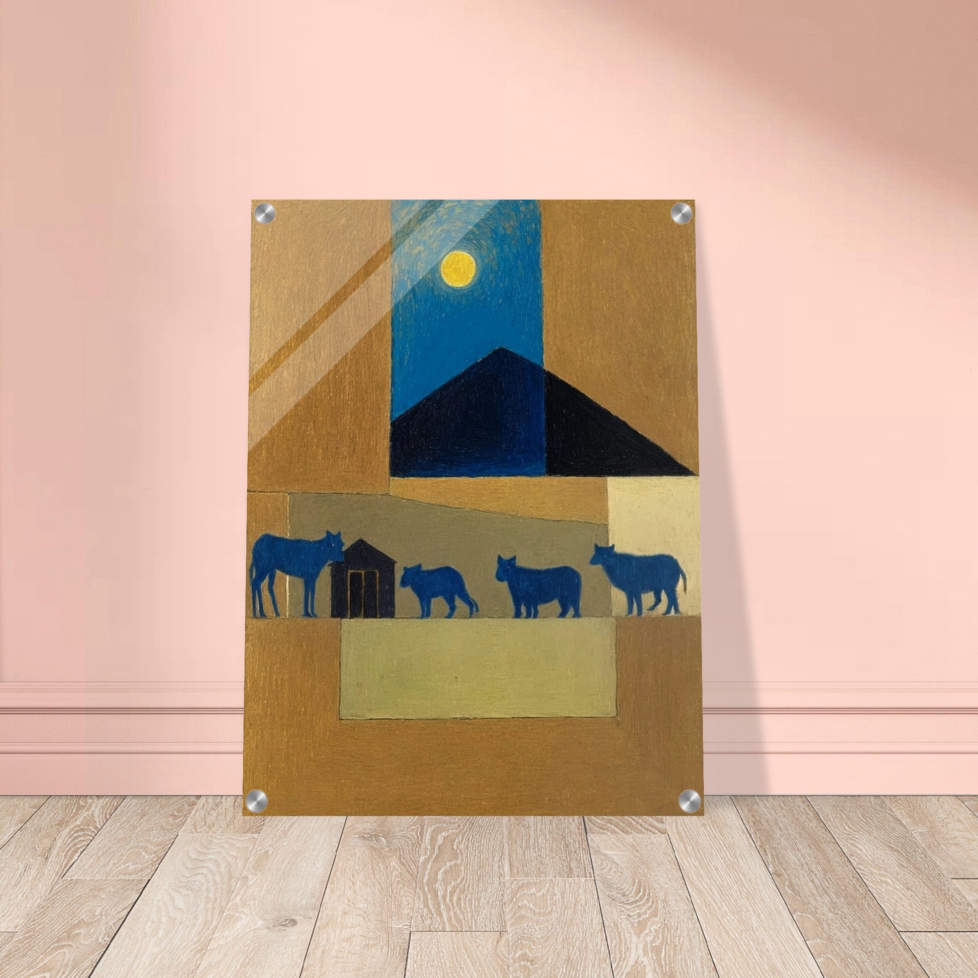 A peaceful night scene with blue cattle walking under the moon, against a backdrop of warm earthy tones and a dark triangular roof.
