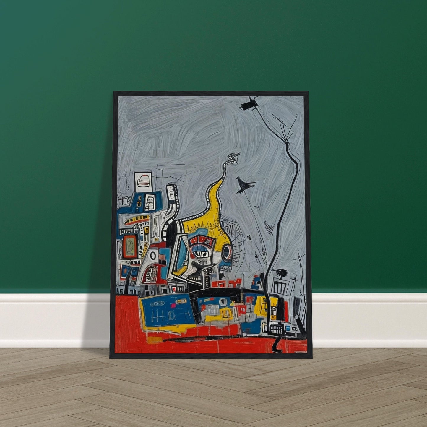 An abstract painting featuring a chaotic yet vibrant urban scene with geometric shapes and bold colors against a gray background.