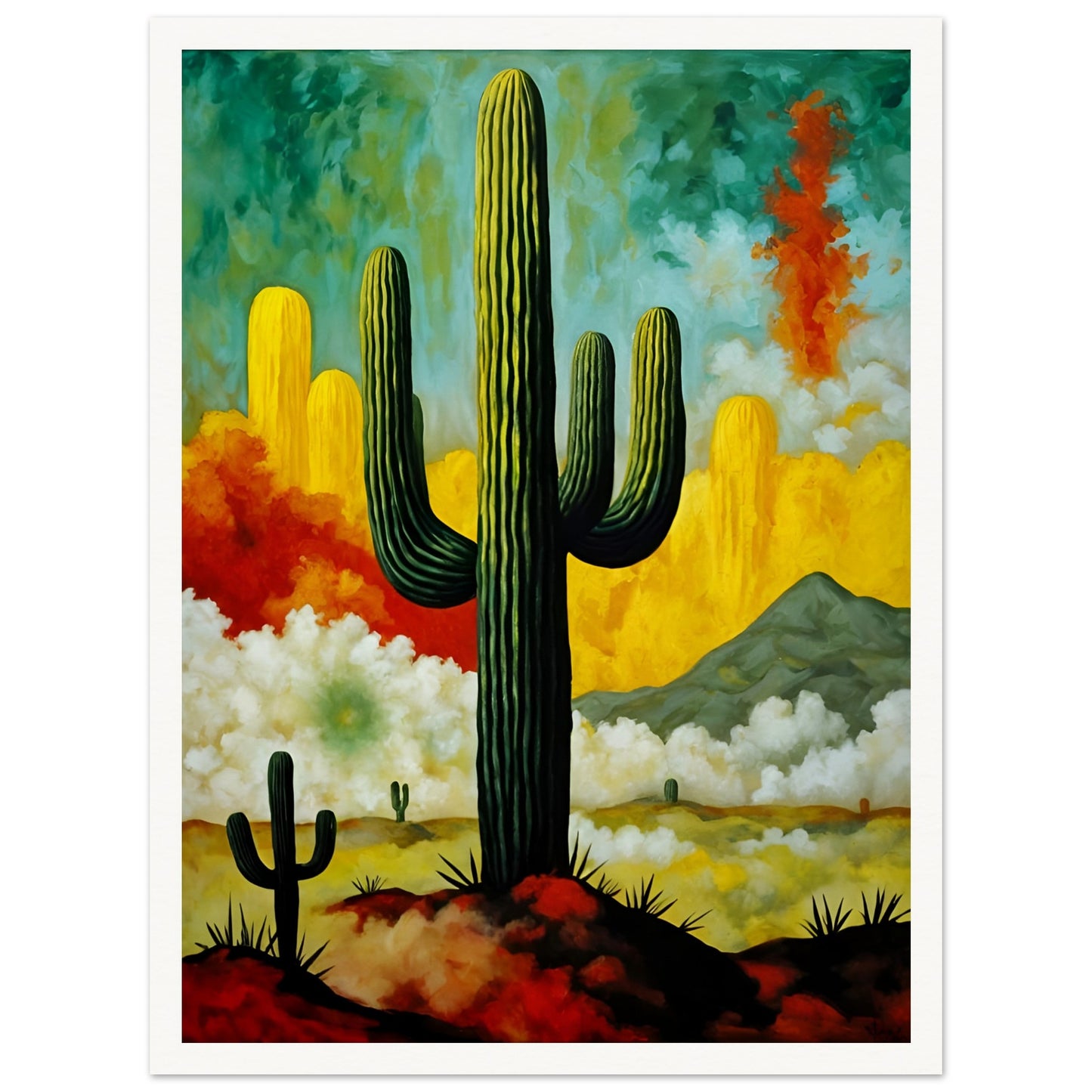 A striking painting of towering cacti set against a vivid desert sky, with swirling clouds, golden hues, and a distant mountain.