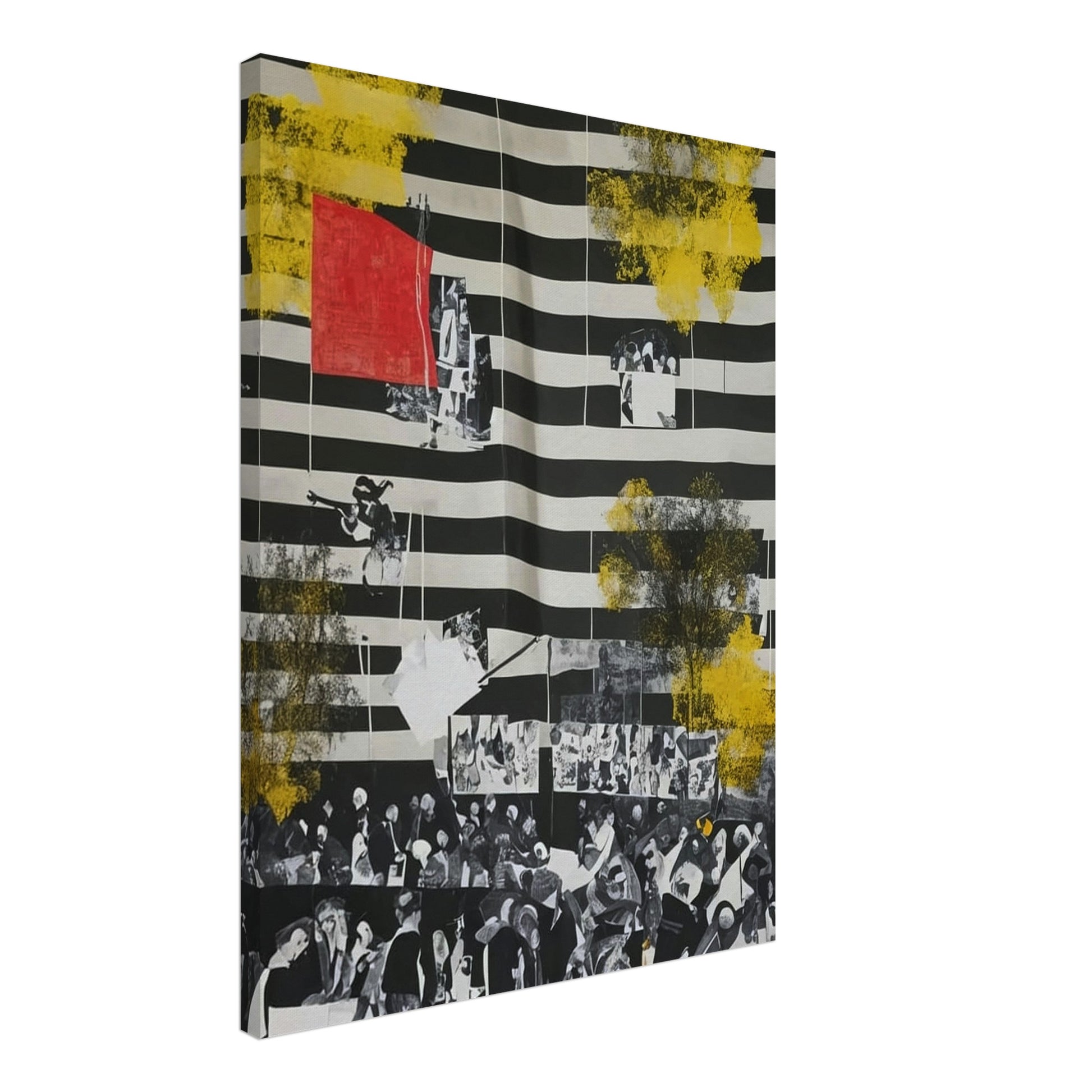 An abstract painting with black and white stripes, overlaid with yellow splashes and historical photographs.