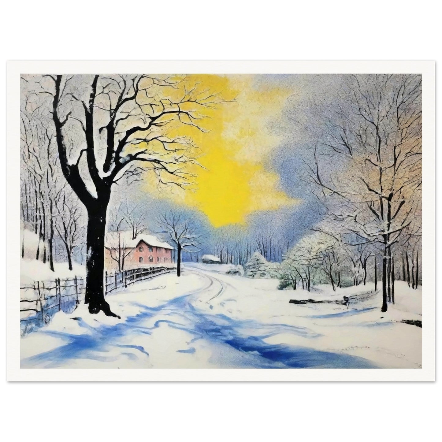 A serene winter landscape with snow-covered trees and a winding path leading to a distant house, illuminated by a warm yellow sunrise against a blue sky.