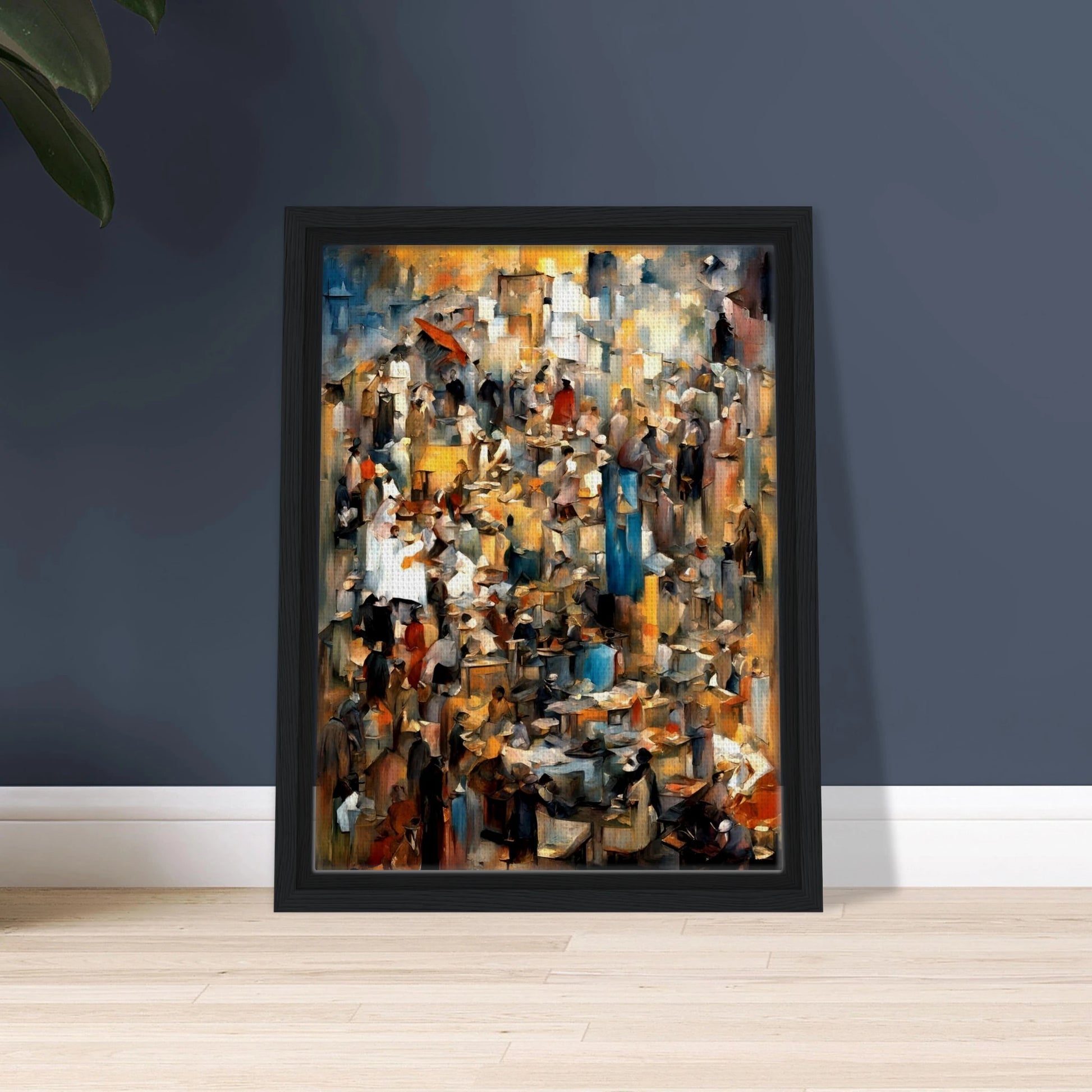 Bustling market scene with abstracted crowds, vendors, and stalls in warm earthy tones, evoking movement and layered human stories.
