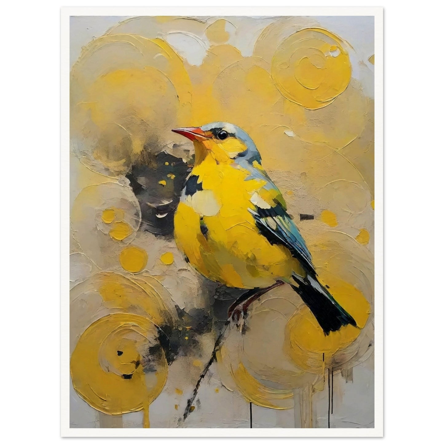 A vibrant painting of a yellow bird with blue accents, perched against a backdrop of swirling yellow patterns.