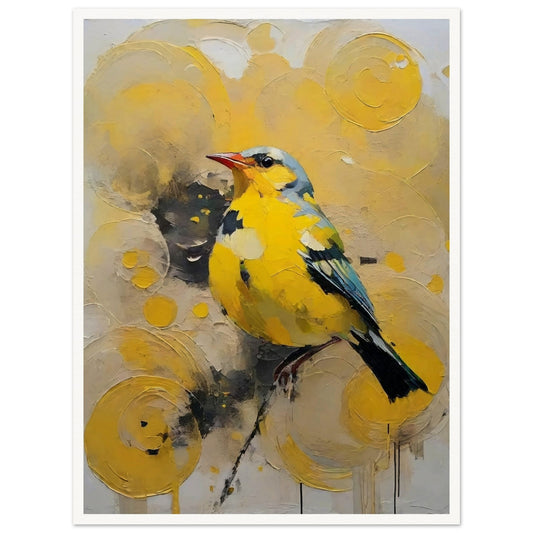 A vibrant painting of a yellow bird with blue accents, perched against a backdrop of swirling yellow patterns.