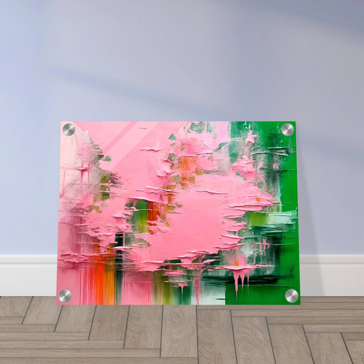 Vibrant abstract art with bold green and pink textures, layered and dripping paint blending with subtle orange and white strokes.