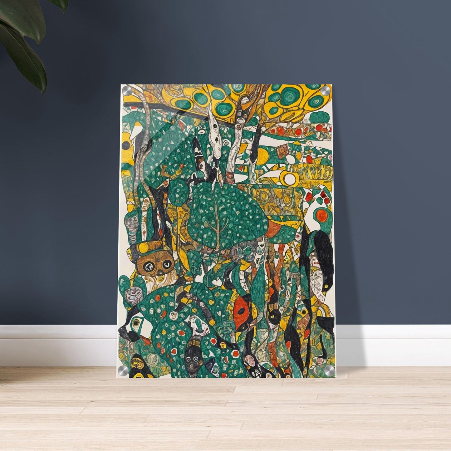 An intricate and colorful painting depicting a whimsical jungle scene with abstract shapes and vibrant green, yellow, and orange hues.