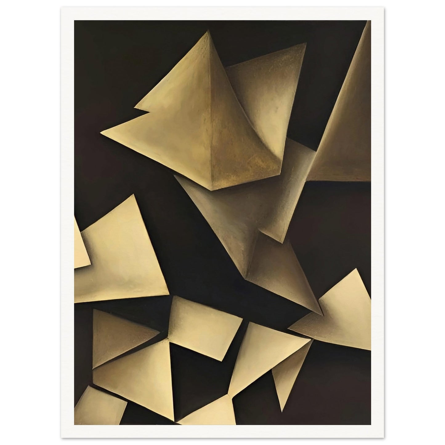 Abstract painting featuring geometric shapes in muted tones, creating a play of light and shadow.