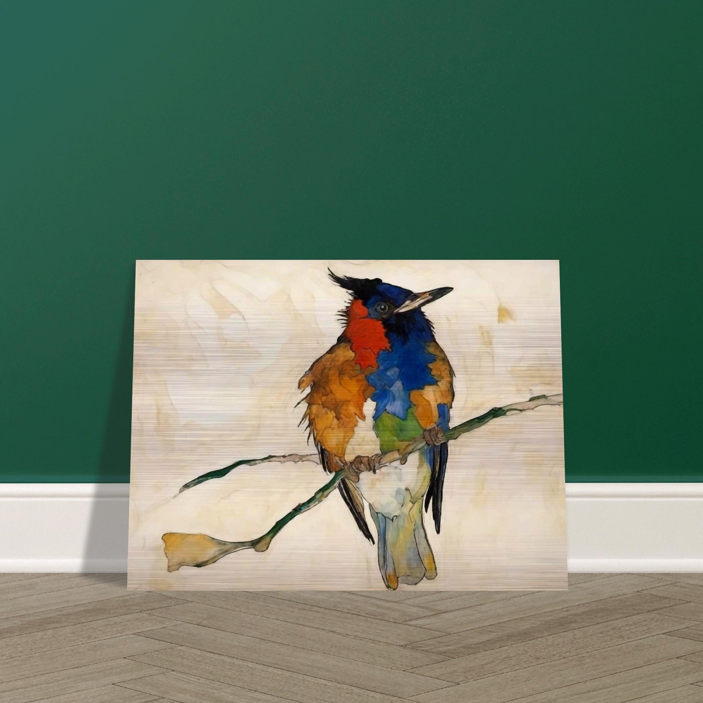 "A vivid painting of a multi-colored bird perched on a branch, with bold patches of red, blue, orange, and green feathers against a light background."