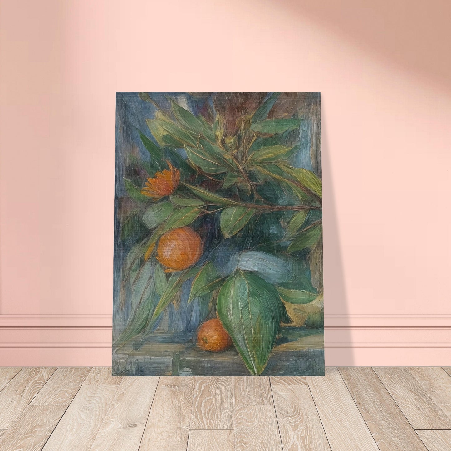 A still life painting featuring a vibrant arrangement of orange fruits and green leaves, showcasing the beauty and abundance of nature.