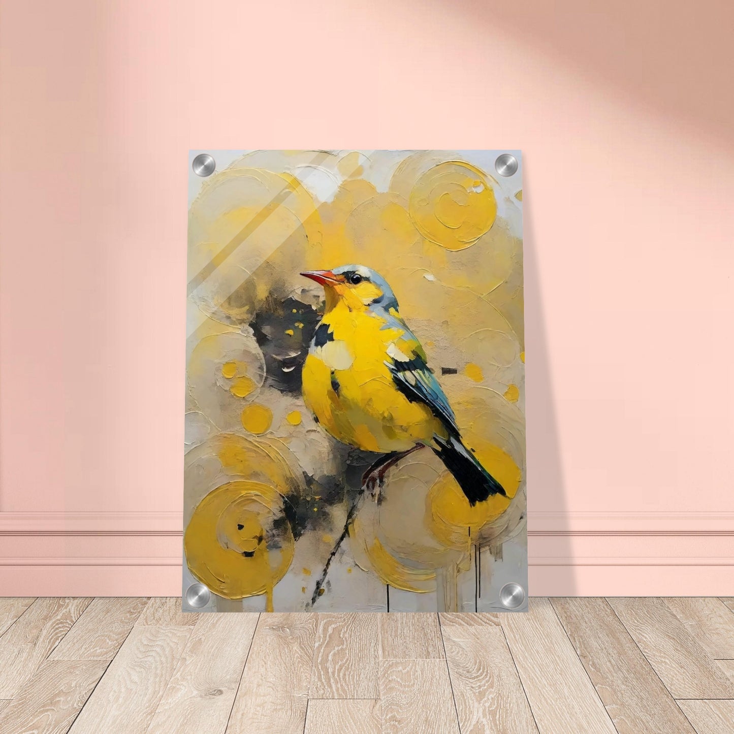 A vibrant painting of a yellow bird with blue accents, perched against a backdrop of swirling yellow patterns.