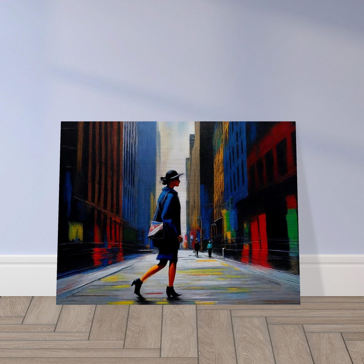 A vibrant painting of a woman walking through a colorful city street, with towering buildings and reflective surfaces.