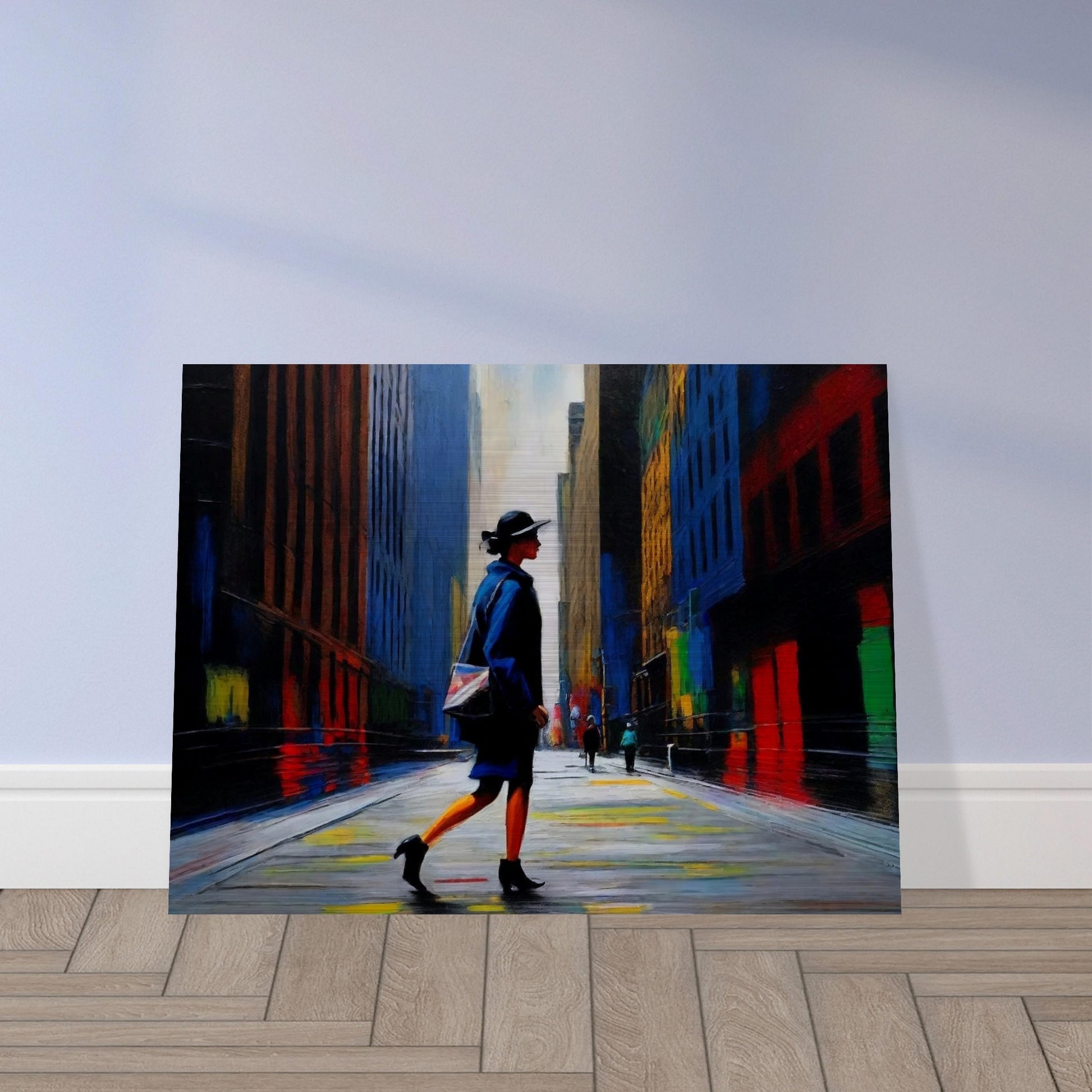 A vibrant painting of a woman walking through a colorful city street, with towering buildings and reflective surfaces.