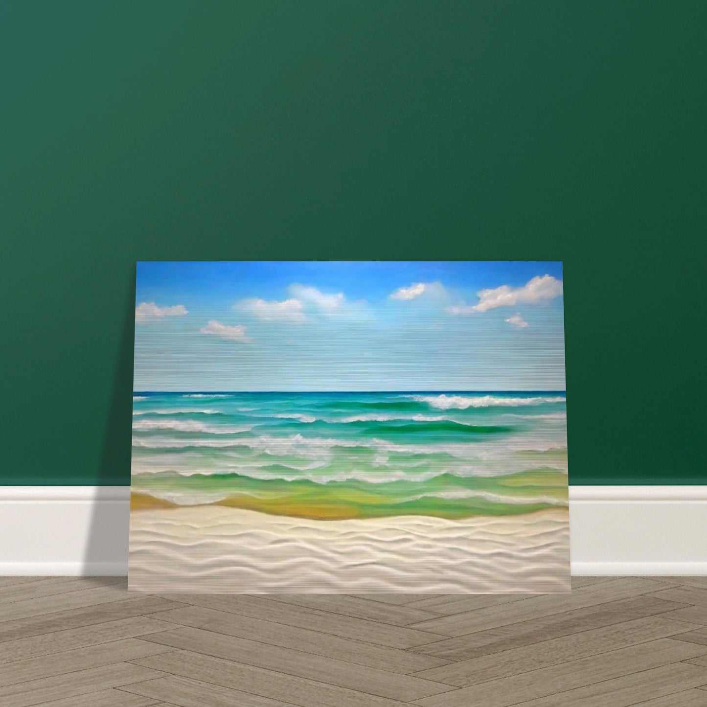 "A peaceful seascape painting of gentle waves rolling onto a white sandy beach under a clear blue sky with soft clouds."