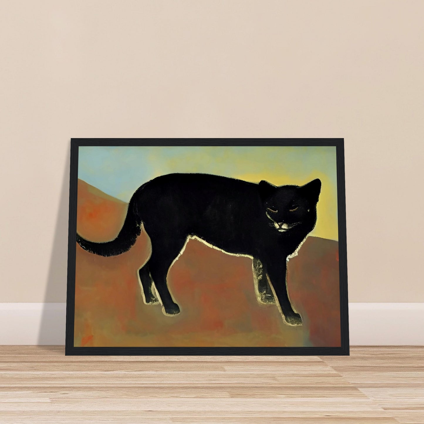 A dark and enigmatic black cat with piercing eyes stands against a warm, earthy backdrop in a minimalist style.