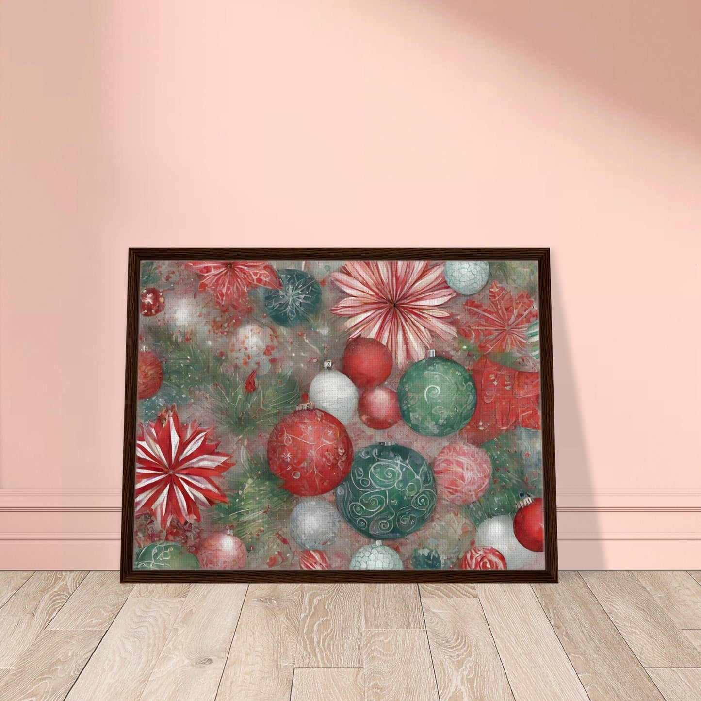 A vibrant festive artwork featuring red, green, and white Christmas ornaments, delicate floral patterns, and evergreen branches, evoking holiday cheer.