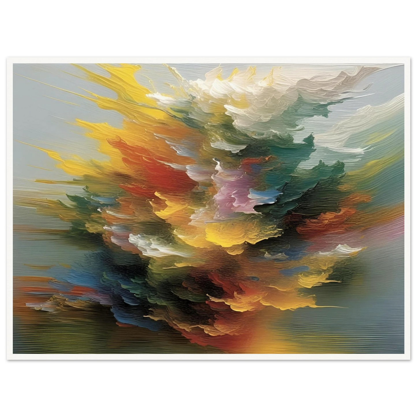 A swirling, radiant burst of multicolored abstract textures, resembling a cosmic explosion or floral cloud in motion.