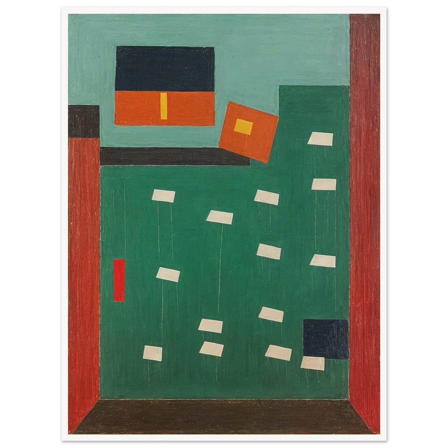 A geometric composition featuring bold blocks of color with shapes suspended in a grid-like pattern, creating a sense of structured order.