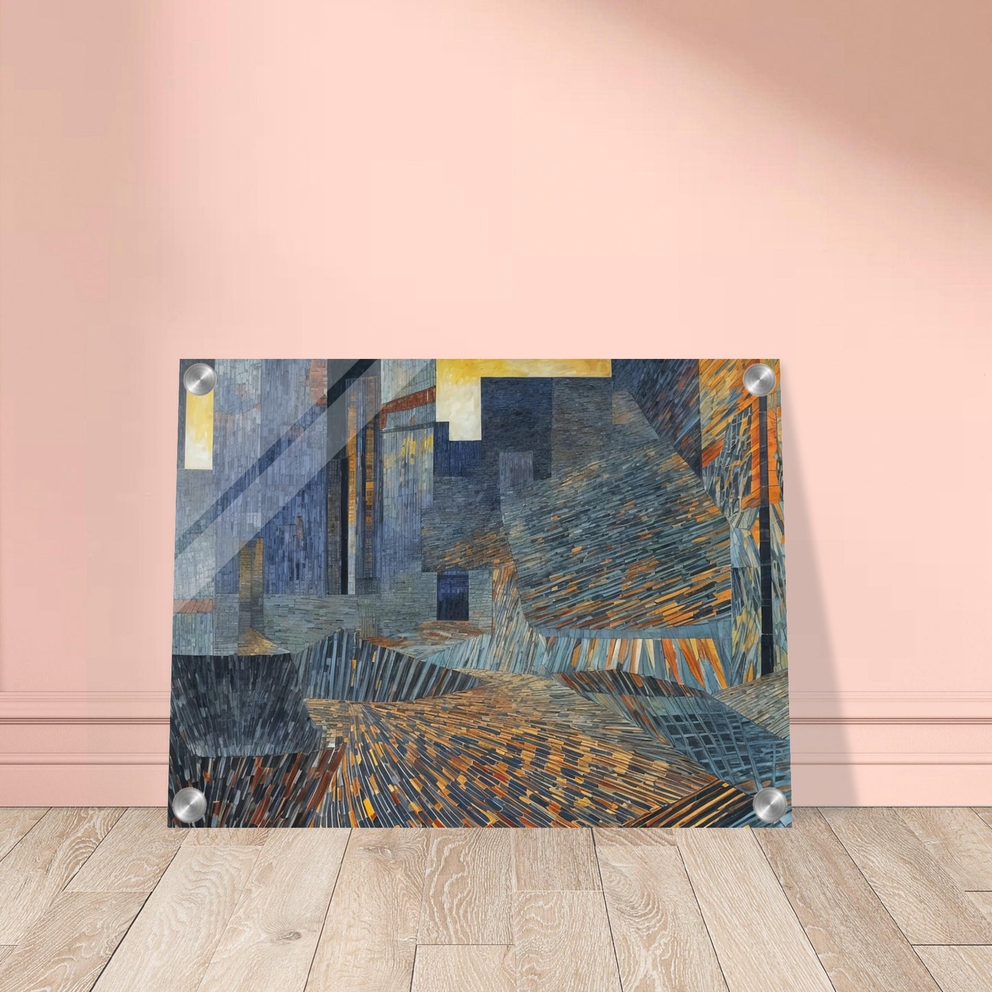A mosaic-like abstract painting depicting an urban landscape with intricate patterns and vibrant colors.