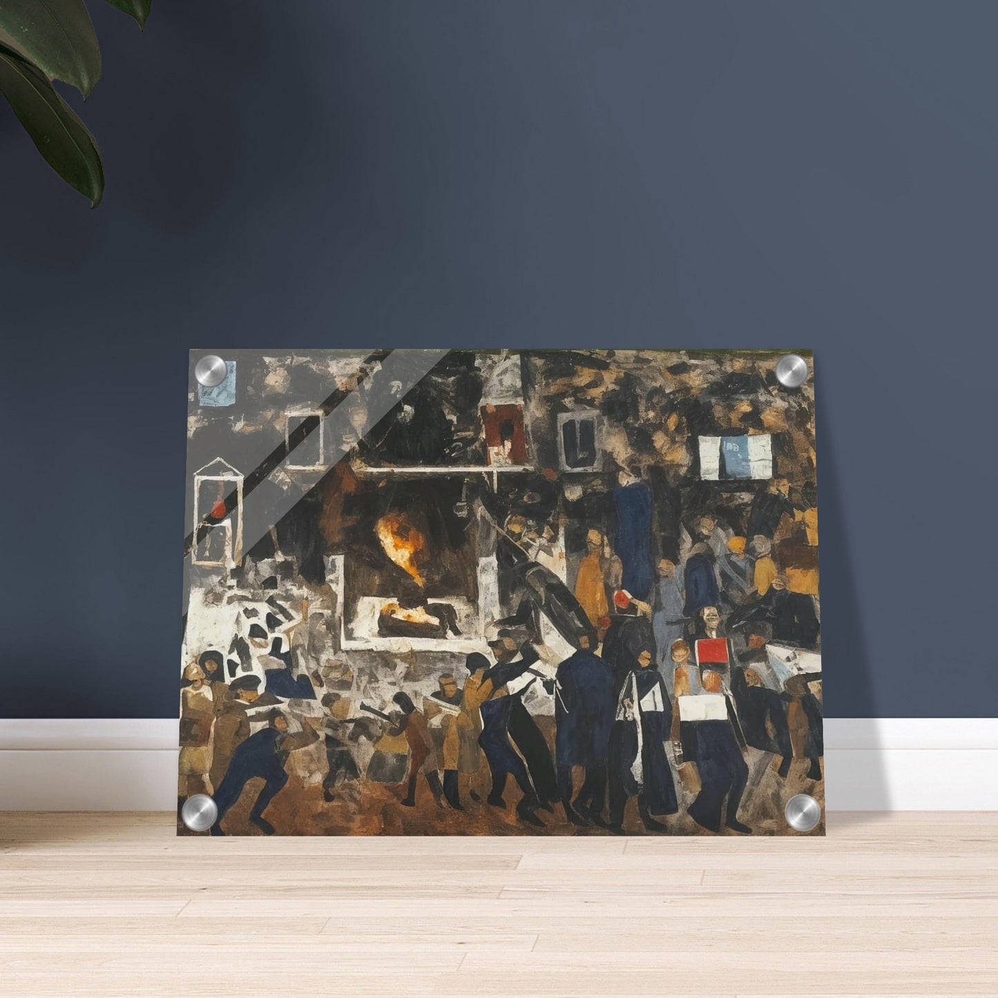A powerful depiction of a crowded protest scene with figures in motion, conveying the energy and tension of a moment of social unrest.