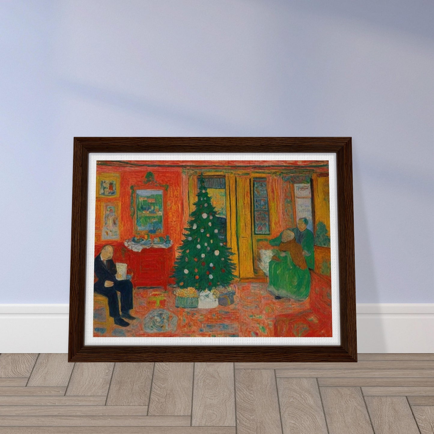 A colorful, cozy living room featuring a decorated Christmas tree, with family members preparing for the holiday in a warm and inviting atmosphere.