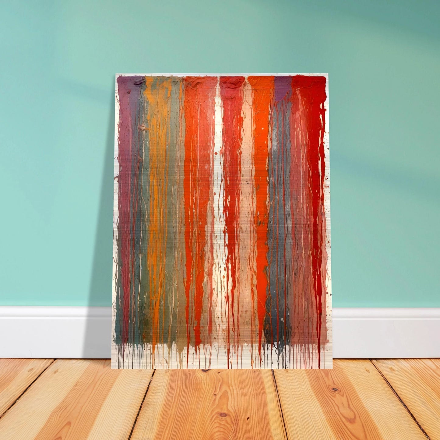 Vertical ribbons of vibrant paint drip down the canvas in layered red, orange, blue, and purple tones against a pale backdrop.