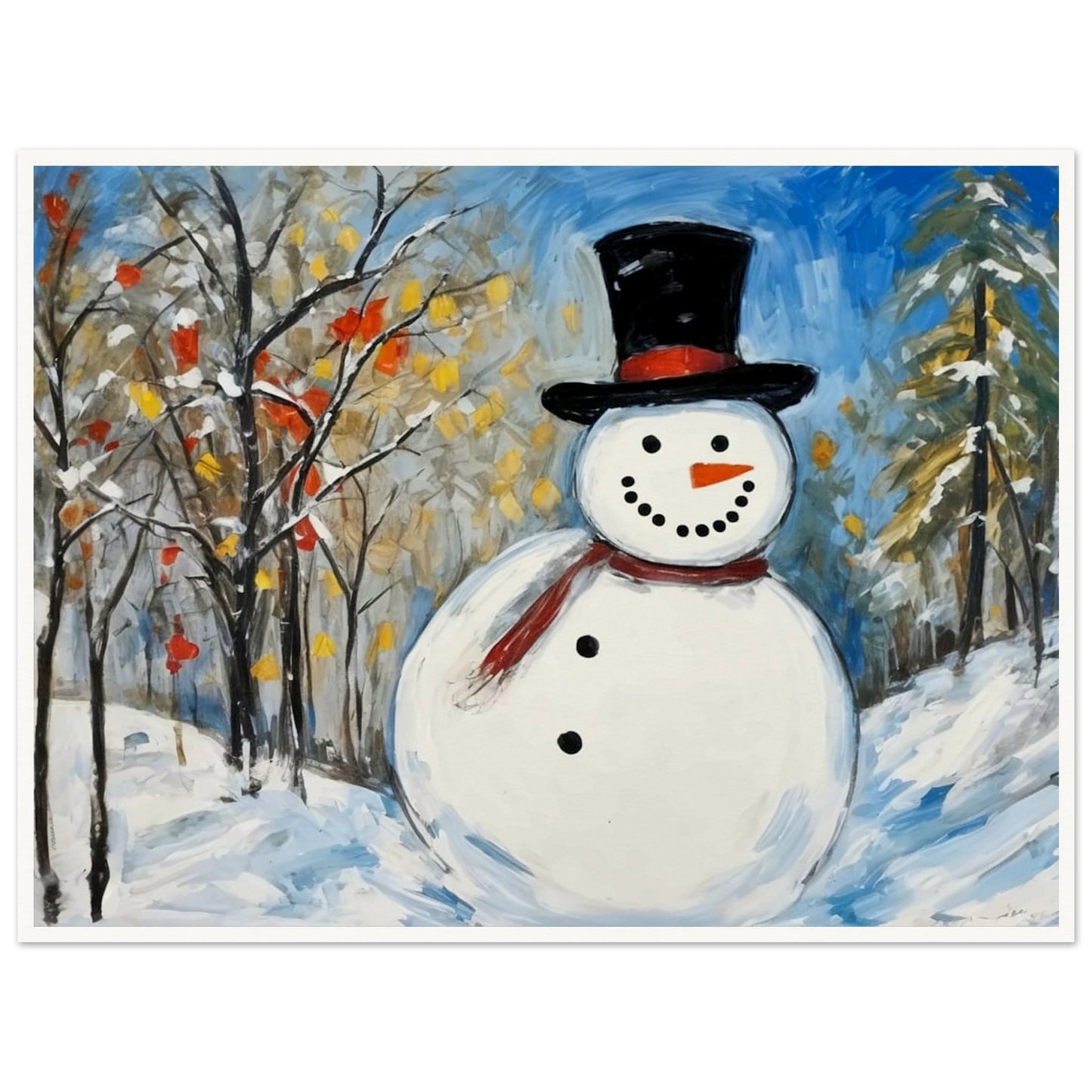 A cheerful snowman with a black top hat and red scarf stands in a snow-covered landscape, surrounded by snow-dusted trees with autumn leaves and a clear blue sky.