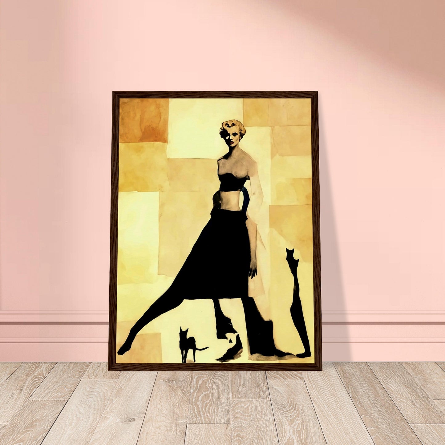 "An abstract, minimalist painting of a stylish woman in black silhouette, accompanied by shadowy figures of two cats against a beige background."